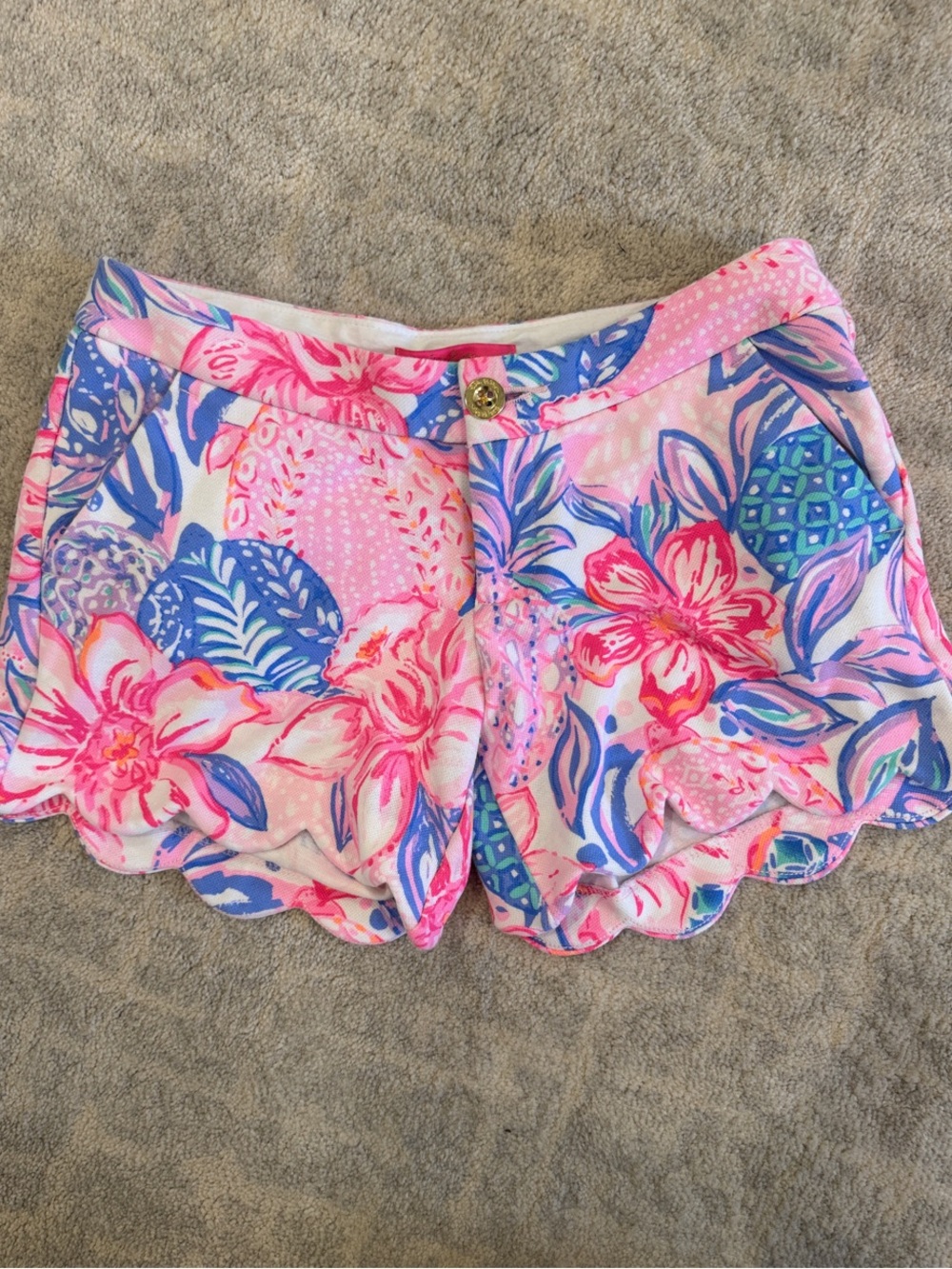Lilly Pulitzer Pink & Blue Floral Scalloped High-Waist Shorts